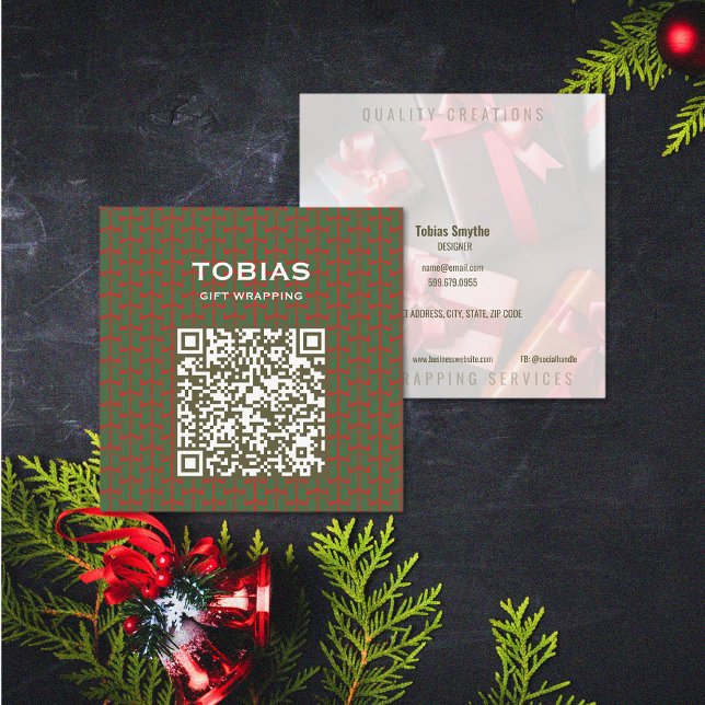 Modern Christmas QR Code Square Business Card (Modern Christmas QR Code Square Business Card (front and back))
