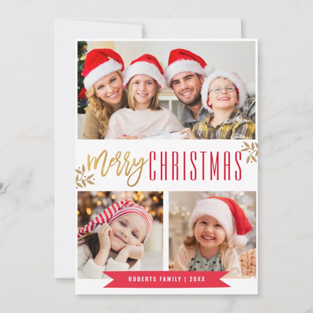 Modern christmas red and gold greeting card (Front)