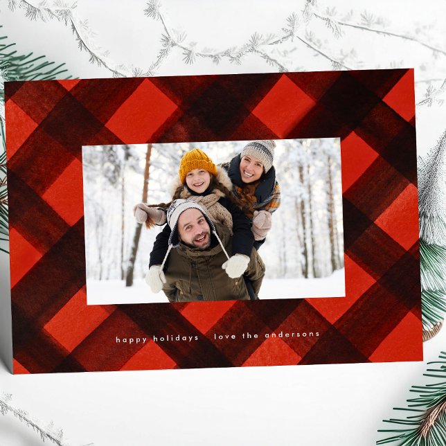 Modern Christmas Red Black Plaid Photo Frame Holiday Card (Creator Uploaded)