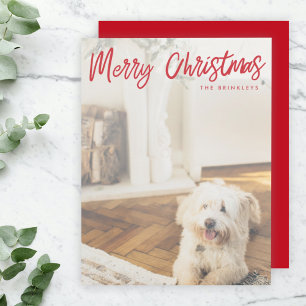 Modern Christmas Red Handwritten Dog Photo Holiday Card