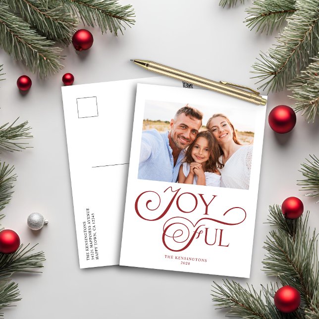 Modern Christmas Red Joyful Holiday Photo Postcard (Creator Uploaded)