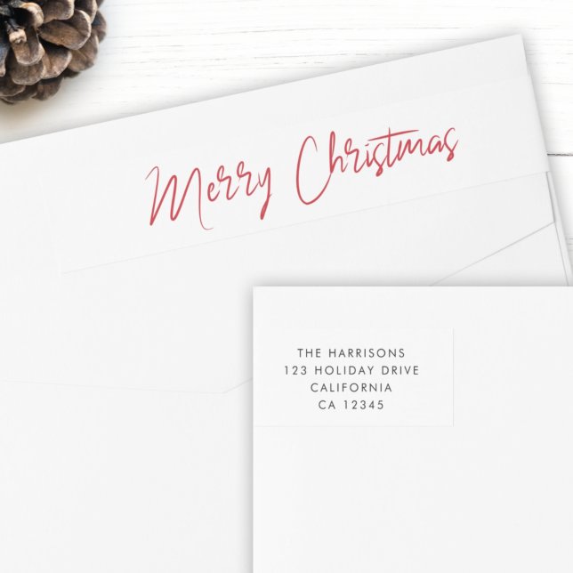 Modern Christmas | Red Script Minimalist White Wraparound Address Label (Creator Uploaded)