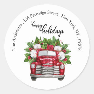 Modern Christmas Red Truck Return Address  Classic Round Sticker