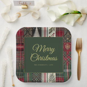 Modern Christmas Rustic Plaid Pattern Paper Plate