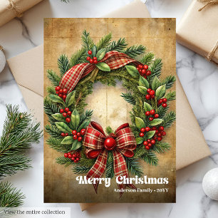 Modern Christmas rustic traditional pine wreath Holiday Card