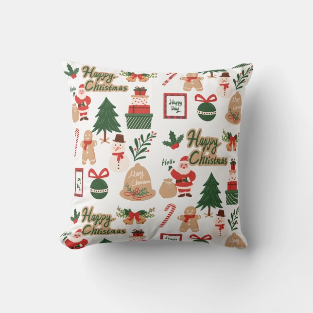 Modern Christmas Santa and Gingerbread Pattern Cushion (Front)