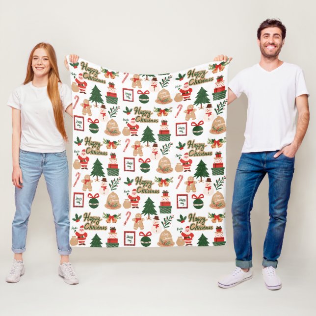 Modern Christmas Santa and Gingerbread Pattern Fleece Blanket (In Situ)