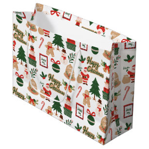 Modern Christmas Santa and Gingerbread Pattern Large Gift Bag