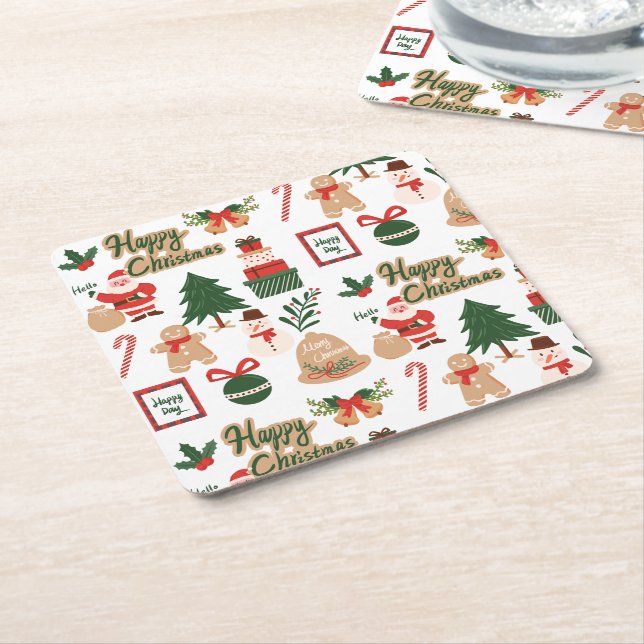 Modern Christmas Santa and Gingerbread Pattern Square Paper Coaster (Angled)