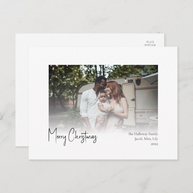Modern Christmas Script Faded Photo Holiday Postca (Front/Back)