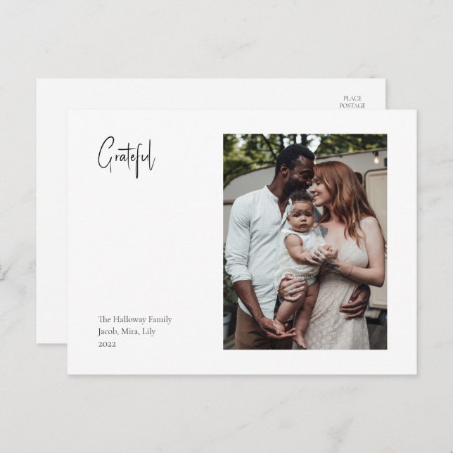 Modern Christmas Script Grateful Single photo Holiday Postcard (Front/Back)