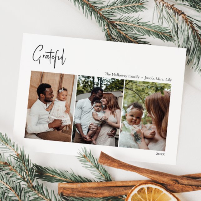 Modern Christmas Script Grateful Three-Photo Holiday Card (Creator Uploaded)