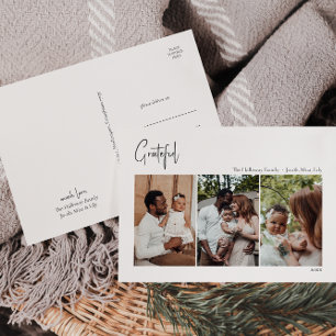 Modern Christmas Script Grateful Three-Photo Holiday Postcard