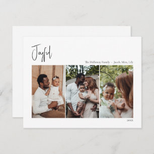 Modern Christmas Script Joyful Three-Photo Holiday Card