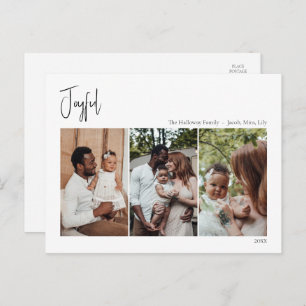 Modern Christmas Script Joyful Three-Photo Holiday Postcard
