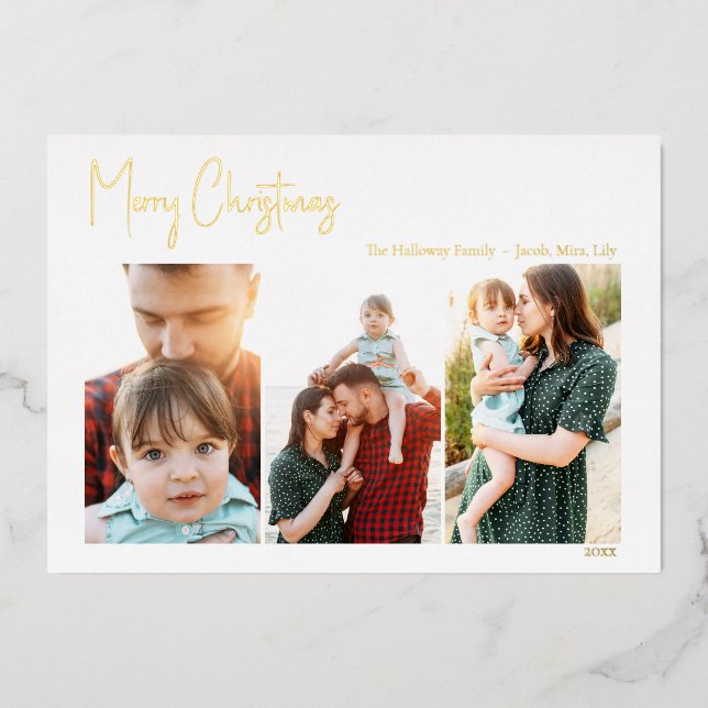 Modern Christmas Script Three Photo | Gold Foil Ho (Front)
