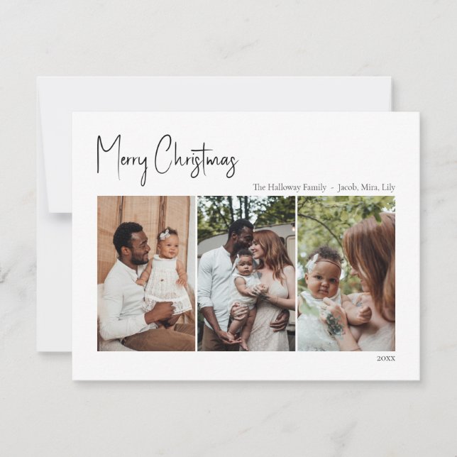 Modern Christmas Script Three-Photo Holiday Card (Front)