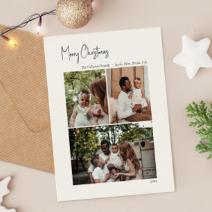 Modern Christmas Script Vertical 3 Photo Holiday Postcard