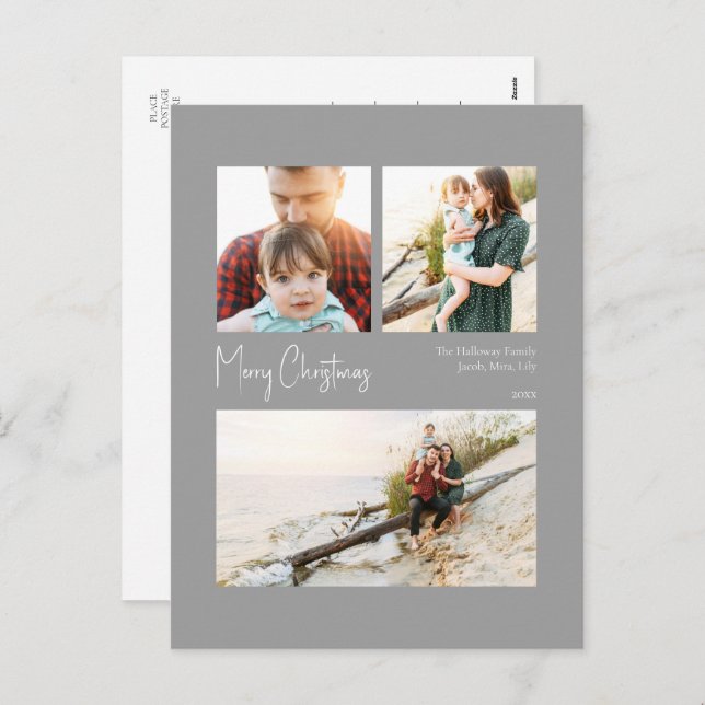 Modern Christmas | Silver Centred Three-Photo Holiday Postcard (Front/Back)
