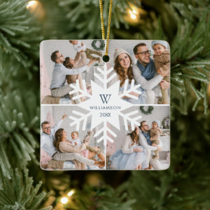 Modern Christmas Snowflake Monogram Four Photo Ceramic Ornament