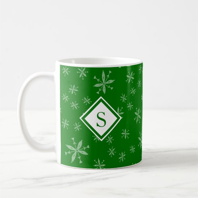 Modern Christmas Snowflake Pattern Monogram Green Coffee Mug (Left)