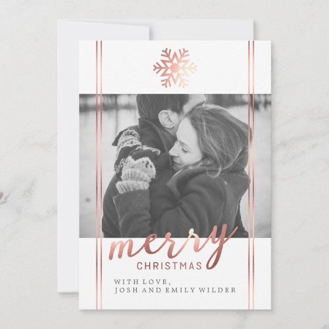 Modern Christmas Snowflake | White and Rose Gold Holiday Card (Front)