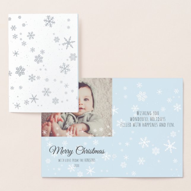 Modern Christmas Snowflakes Message Family Photo Foil Card (Display)