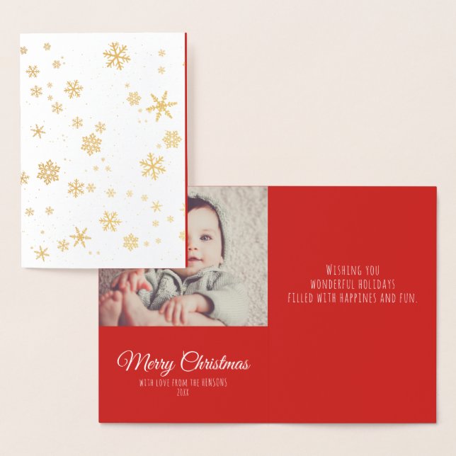 Modern Christmas Snowflakes Message Family Photo Foil Card (Display)
