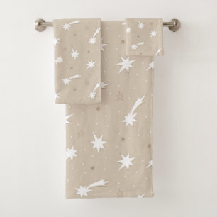 Modern Christmas Star Beige and White Pattern Bath Towel Set