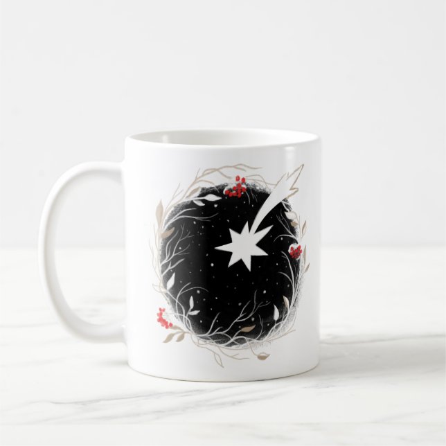 Modern Christmas Star Berries Wreath Coffee Mug (Left)