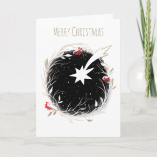 Modern Christmas Star Berries Wreath Holiday Card