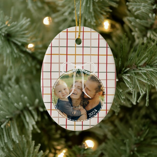 Modern Christmas Stripes One Photo Ceramic Tree Decoration (Tree)