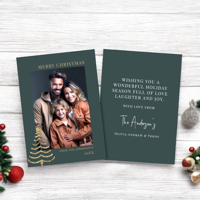 Modern Christmas Stylish Minimalist photo Family Holiday Card (green festive christmas card fully ediatble with photo template for you to add a family photo )