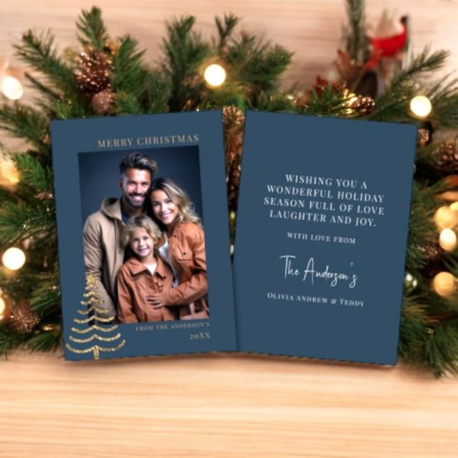 Modern Christmas Stylish Minimalist photo Family Holiday Card (modern blue photo minimal christmas card with a text template where you can add your special message)