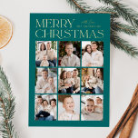 Modern Christmas Teal 9 Photo Collage<br><div class="desc">Modern Christmas photo card featuring "Merry Christmas" displayed at the top of the design in trendy gold foil lettering with a teal background. A photo collage of 9 photos is shown below in a grid-style layout. Personalise the multi-photo Christmas card with your family name. The foil card reverses to display...</div>