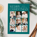 Modern Christmas Teal 9 Photo Collage Holiday Card<br><div class="desc">Modern Christmas photo card featuring "Merry Christmas" displayed at the top of the design in trendy white lettering with a teal background. A photo collage of 9 photos is shown below in a grid-style layout. Personalise the multi-photo Christmas card with your family name. The card reverses to display a teal...</div>