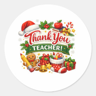 Modern Christmas Thank You Teacher Classic Round Sticker