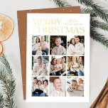 Modern Christmas Toffee Brown 9 Photo Collage<br><div class="desc">Modern Christmas photo card featuring "Merry Christmas" displayed at the top of the design in trendy gold foil lettering with a white background. A photo collage of 9 photos is shown below in a grid-style layout. Personalise the multi-photo Christmas card with your family name. The foil card reverses to display...</div>