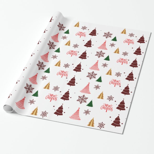 Modern Christmas Tree and Snow flakes Gift Wrapping Paper (Unrolled)