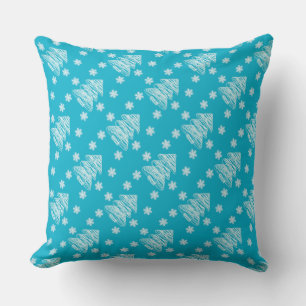 Modern Christmas Tree and Snowflake Bright Blue Cushion