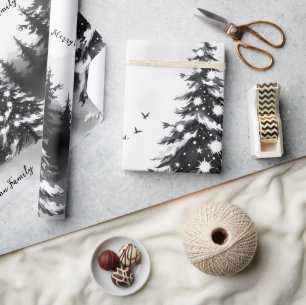 Modern Christmas Tree Black White Watercolor   Wra Wrapping Paper