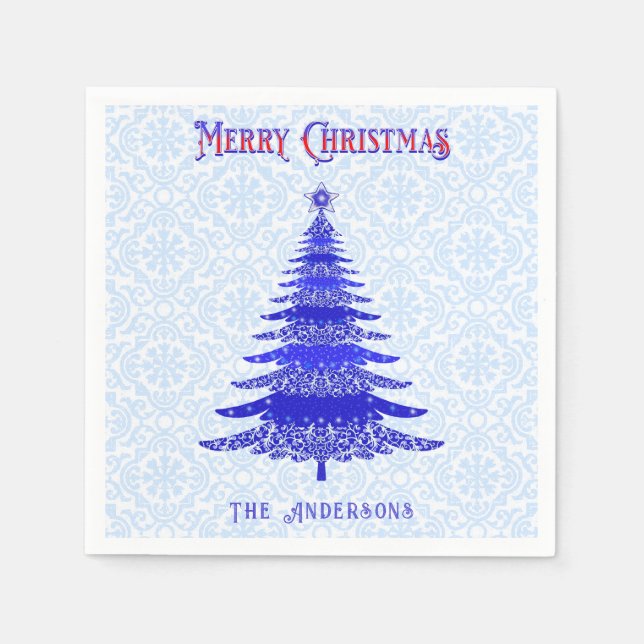 Modern Christmas Tree Blue Personalised Snowflakes Napkin (Front)