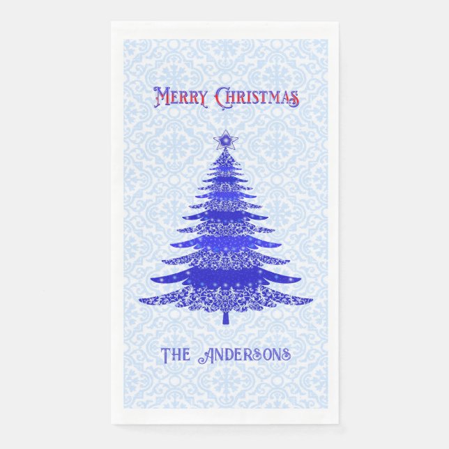Modern Christmas Tree Blue Snowflakes Personalised Napkin (Front)