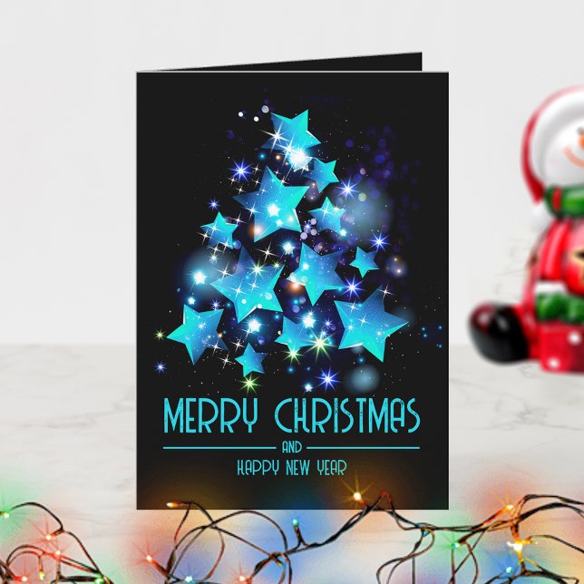 Modern Christmas Tree Blue Stars Lights on Black  Card (Creator Uploaded)