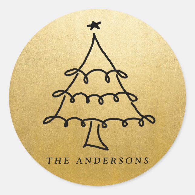 Modern Christmas Tree Drawing Faux Gold Foil Classic Round Sticker (Front)