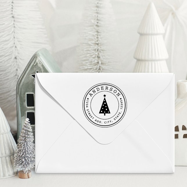 Modern Christmas Tree Family Name Circular Address Self-inking Stamp (Creator Uploaded)