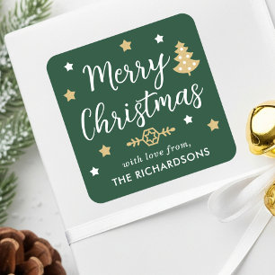 Modern Christmas Tree Family Name Green Custom Square Sticker