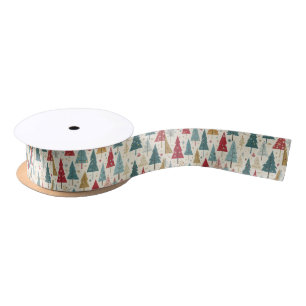 Modern Christmas Tree Green Blue Red Gold Pattern  Satin Ribbon