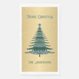 Modern Christmas Tree Green Gold Name Ornaments Napkin