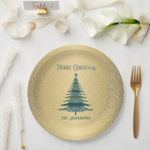 Modern Christmas Tree Green Gold Name Ornaments Paper Plate